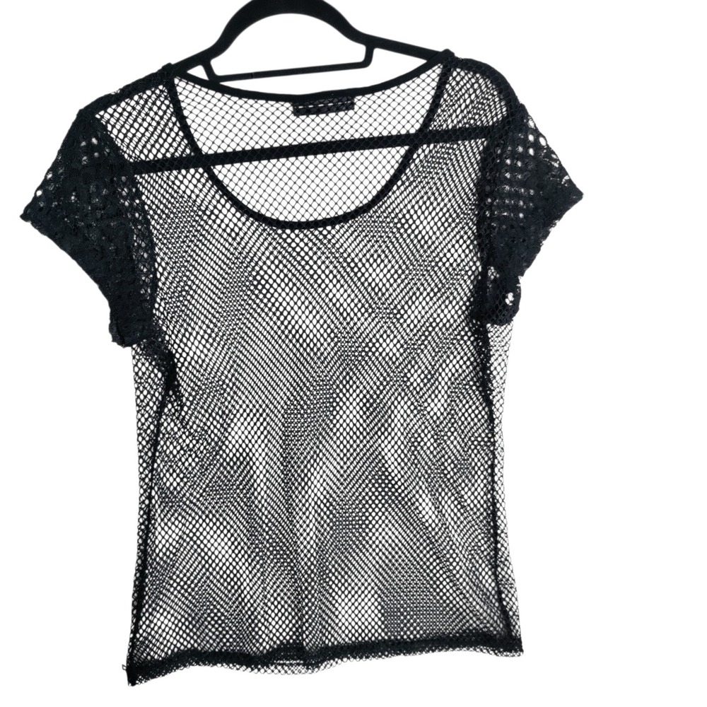 INC International Concepts Black Fishnet Mesh Short Sleeve Top Scoop Neck 2654